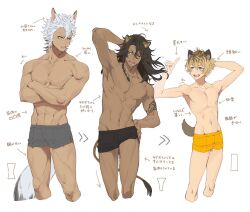 3boys :d abs ahoge animal_ear_fluff animal_ears arm_behind_head arm_tattoo arm_up arrow_(symbol) biceps black_male_underwear blonde_hair blue_eyes brown_hair collarbone commentary_request cropped_legs crossed_arms dark-skinned_male dark_skin double-parted_bangs fangs green_eyes grey_male_underwear groin hair_between_eyes hand_on_own_hip hand_up highres hyena_boy hyena_ears hyena_tail index_finger_raised jack_howl jip leona_kingscholar lion_boy lion_ears lion_tail long_hair looking_at_another looking_to_the_side male_focus male_underwear multicolored_hair multiple_boys navel one_eye_closed open_mouth parted_bangs pectorals ruggie_bucchi scar scar_across_eye short_hair simple_background smile standing stomach streaked_hair tail tattoo translation_request twisted_wonderland underwear v-shaped_eyebrows white_background white_hair wolf_boy wolf_ears wolf_tail yellow_eyes yellow_male_underwear