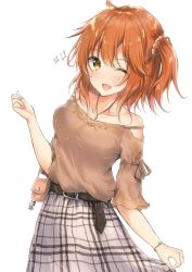 Rule 34 | 1girl, ;d, absurdres, alternate costume, bag, bare shoulders, belt, belt buckle, blouse, blush, breasts, brown belt, brown eyes, brown hair, brown scrunchie, brown shirt, buckle, collarbone, commentary request, fate/grand order, fate (series), fingernails, fujimaru ritsuka (female), hair between eyes, hair ornament, hair scrunchie, handbag, highres, jewelry, long sleeves, looking at viewer, medium breasts, off-shoulder blouse, one eye closed, one side up, open mouth, pendant, plaid, plaid skirt, scrunchie, shirt, simple background, skirt, skirt hold, smile, solo, sparkle, uzuki tsukuyo, white background, white skirt
