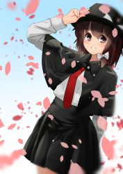 Rule 34 | 1girl, absurdres, arm behind back, bad id, bad pixiv id, black hat, black skirt, blue background, bow, brown eyes, brown hair, capelet, cowboy shot, fedora, gradient background, grin, hair bow, hair ribbon, hat, hat bow, high-waist skirt, highres, long sleeves, looking at viewer, necktie, petals, red necktie, ribbon, salute, shirt, short hair, skirt, smile, solo, touhou, tress ribbon, two-finger salute, usami renko, white bow, white shirt, yusake san