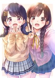 Rule 34 | 2girls, :d, bashosho, black hair, blue skirt, blush, braid, brown eyes, brown hair, brown sweater, cardigan, collared shirt, commentary request, cowboy shot, dress shirt, fangs, fukumaru koito, hair ornament, hairclip, hands up, idolmaster, idolmaster shiny colors, long hair, long sleeves, looking at viewer, low twintails, multiple girls, neck ribbon, open mouth, pink cardigan, plaid, plaid skirt, pleated skirt, purple eyes, reaching, reaching towards viewer, ribbon, school uniform, selfie, shirt, skirt, sleeves past wrists, smile, sonoda chiyoko, standing, sweater, twin braids, twintails, v, very long hair, white shirt, x hair ornament, yellow ribbon
