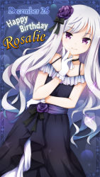 Rule 34 | 1girl, bare shoulders, black bow, black dress, bow, commentary request, dated, dress, english text, flower, fukaiton, gloves, gothic wa mahou otome, hair bow, hair flower, hair ornament, happy birthday, highres, long hair, looking at viewer, purple eyes, purple flower, purple rose, rosalie (gothic wa mahou otome), rose, sash, silver hair, smile, solo, spaghetti strap, sparkle, very long hair, wavy hair, white gloves