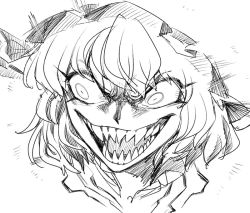 Rule 34 | &gt;:), 1girl, :d, bow, eyelashes, fangs, frills, greyscale, hat, mob cap, monochrome, open mouth, remilia scarlet, ribbon, shaded face, sharp teeth, shirt, short hair, sketch, smile, solo, spacezin, teeth, touhou, tsurime