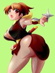 Rule 34 | 1girl, ass, bad anatomy, breasts, brown hair, cleavage, female focus, fishnets, headband, large breasts, long hair, looking back, marimo (ankokumarimo), ninja, open clothes, open mouth, open shirt, original, ponytail, red eyes, shirt, shuriken, simple background, solo, sword, weapon