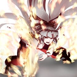 Rule 34 | 1girl, arm support, black tongue, bow, breasts, burning, cleavage, commentary, fire, fire, floating hair, fujiwara no mokou, full body, gradient background, grey background, grey hair, hair bow, highres, kikoka (mizuumi), kneeling, large breasts, long hair, long sleeves, looking at viewer, magic, open mouth, pants, puffy long sleeves, puffy pants, puffy sleeves, red eyes, red pants, shirt, shoes, slit pupils, solo, suspenders, teeth, thick eyebrows, tongue, torn clothes, touhou, tsurime, v-shaped eyebrows, white bow, white shirt