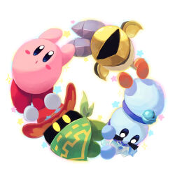 Rule 34 | :o, armored boots, arms up, bandana, bell, blue eyes, blush, blush stickers, boots, chilly (kirby), closed mouth, commentary request, cowboy hat, eyes in shadow, friend circle, green bandana, grey footwear, hat, helm, helmet, jingle bell, kirby, kirby: star allies, kirby (series), looking at viewer, nintendo, no humans, red headwear, simple background, sir kibble, snowman, sparkle, star (symbol), suyasuyabi, thick eyebrows, v-shaped eyebrows, wester (kirby), white background, yellow eyes