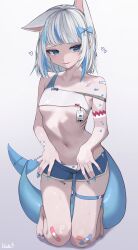 Rule 34 | absurdres, animal ears, arm tattoo, bandaged arm, bandages, bandaid, bandaid on knee, bandaid on leg, bandaid on shoulder, barefoot, blue bow, blue eyes, blue hair, blue nails, blue shorts, bob cut, bow, bra, breasts, cat ears, clothes pull, fingernails, fins, fish tail, fish tattoo, gawr gura, gills, gradient background, grey background, hair bow, highres, hololive, hololive english, kkato, kneeling, midriff, multicolored hair, navel, panties, shark girl, shark tail, sharp fingernails, short shorts, shorts, shorts pull, small breasts, smirk, streaked hair, tail, tattoo, thigh strap, two-tone hair, underboob, underwear, virtual youtuber, white bra, white hair, white panties