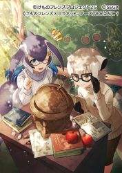 Rule 34 | 2girls, adjusting eyewear, anchor hair ornament, apple, bike shorts, black gloves, blowhole, blue eyes, blue hair, blue whale (kemono friends), book, cetacean tail, chalkboard, commentary request, dorsal fin, fins, fish tail, food, fruit, globe, gloves, grey hair, hair ornament, kemono friends, kemono friends 3, long hair, meerkat (kemono friends), meerkat ears, meerkat tail, multicolored hair, multiple girls, official art, one eye closed, orange eyes, sacanahen, short hair, sweater, tail, translation request, turtleneck, turtleneck sweater, white hair, white sweater