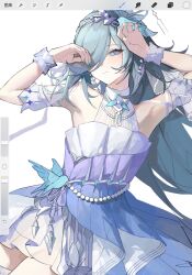 Rule 34 | 1girl, armpits, arms up, art program in frame, bare shoulders, bird hair ornament, breasts, closed mouth, dress, fu hua, fu hua (azure empyrea), fu hua (cerulean court), grey hair, hair ornament, hair over one eye, highres, honkai (series), honkai impact 3rd, long hair, looking at viewer, nail polish, official alternate costume, open hands, simple background, small breasts, solo, tutou jiang, unfinished, upper body, white background, white dress