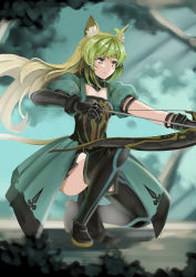 Rule 34 | 1girl, absurdres, animal ears, arrow (projectile), atalanta (fate), blonde hair, bow (weapon), cat ears, cat tail, drawing bow, fate/apocrypha, fate (series), green eyes, green hair, haku (grimjin), highres, holding bow (weapon), long hair, multicolored hair, on one knee, solo, tail, thighhighs, two-tone hair, very long hair, weapon