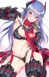 Rule 34 | 1girl, :d, android, armpits, bikini, black gloves, black thighhighs, blue hair, blush, breasts, cleavage, cowboy shot, elbow gloves, garter straps, gloves, gluteal fold, gradient background, hair between eyes, headgear, highres, joints, large breasts, long hair, looking at viewer, m-da s-tarou, navel, nintendo, open mouth, poppi (xenoblade), poppi qtpi (xenoblade), robot joints, scarf, simple background, smile, solo, spoilers, swimsuit, thighhighs, xenoblade chronicles (series), xenoblade chronicles 2, yellow eyes