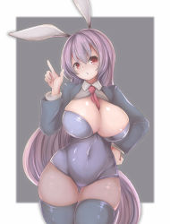 Rule 34 | 1girl, absurdres, animal ears, artist request, breasts, cleavage, collarbone, curvy, hair between eyes, hand on own hip, highres, huge breasts, impossible clothes, large breasts, leotard, long hair, long sleeves, looking at viewer, necktie, open mouth, playboy bunny, purple hair, rabbit ears, red eyes, red necktie, reisen udongein inaba, solo, thick thighs, thighhighs, thighs, touhou, very long hair, wide hips
