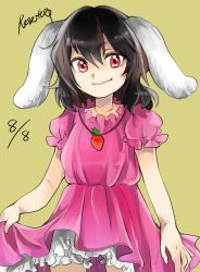 Rule 34 | 1girl, animal ears, artist name, bad id, bad pixiv id, black hair, carrot, carrot necklace, dated, dress, highres, inaba tewi, jewelry, necklace, pendant, pink dress, rabbit ears, red eyes, rosette (roze-ko), short hair, smile, solo, touhou