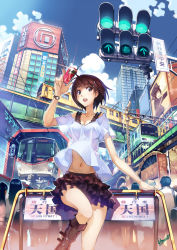 Rule 34 | 1girl, blue eyes, boots, breasts, brown hair, building, camera, city, cityscape, cleavage, md5 mismatch, medium breasts, midriff, narrow waist, navel, original, resolution mismatch, road, short hair, skirt, solo, source smaller, street, tokyo (city), train, vania600