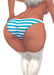Rule 34 | 1girl, ass, ass focus, back, blurry, breasts, close-up, dark-skinned female, dark skin, depth of field, from behind, hand on own hip, head out of frame, kneepits, leaning forward, long hair, original, panties, razalor, simple background, solo, striped clothes, striped panties, thighhighs, topless, underwear, underwear only, watermark, web address, white background, white hair, white thighhighs