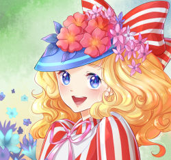 Rule 34 | 1girl, :d, blonde hair, blue eyes, blue headwear, bow, candice white ardlay, candy candy (series), day, derivative work, flower, green background, hat, hat bow, hat flower, highres, kaminary, long hair, looking at viewer, open mouth, outdoors, pink ribbon, red bow, ribbon, screenshot redraw, shirt, simple background, smile, striped bow, striped clothes, striped shirt