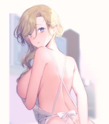 Rule 34 | 1girl, absurdres, apron, azur lane, back, bad id, bad pixiv id, bare arms, bare shoulders, blonde hair, blurry, blurry background, blush, breasts, chinese commentary, commentary request, depth of field, earrings, from behind, hand on own chest, highres, hood (azur lane), jewelry, large breasts, long hair, looking at viewer, looking back, moonlgnance, naked apron, parted lips, purple eyes, sideboob, solo, swept bangs, upper body, white apron