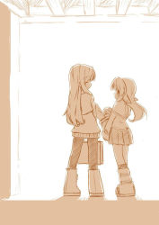 Rule 34 | 2girls, from behind, kareya, long hair, monochrome, multiple girls, original, pantyhose, skirt, smile