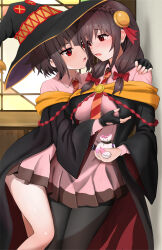 Rule 34 | 2girls, absurdres, against wall, arm around shoulder, asymmetrical docking, bag, belt, black belt, black cape, black gloves, black hair, black headwear, blush, bow, braid, breast press, breasts, cape, collared shirt, commentary request, cowboy shot, crown braid, eye contact, eyelashes, fingerless gloves, furrowed brow, gibun (sozoshu), gloves, grabbing, grabbing another&#039;s breast, hair bow, hair ribbon, hand up, hat, highres, holding, holding bag, hug, imminent kiss, indoors, kono subarashii sekai ni bakuen wo!, kono subarashii sekai ni shukufuku wo!, large breasts, long hair, long sleeves, looking at another, low twintails, megumin, miniskirt, multiple girls, necktie, open mouth, pantyhose, pink shirt, pink skirt, pleated skirt, red bow, red eyes, red prison magic school uniform, red ribbon, revision, ribbon, school uniform, shirt, short hair, shy, side ponytail, sidelocks, skirt, small breasts, standing, striped necktie, tearing up, tears, thighs, twintails, wide sleeves, witch hat, yunyun (konosuba)