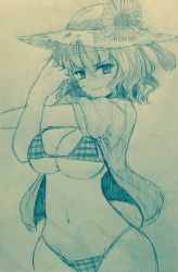Rule 34 | 1girl, bikini, breasts, comic, commentary request, cowboy shot, efukei, female focus, flower, hair between eyes, hat, hat flower, highres, kazami yuuka, large breasts, looking at viewer, monochrome, navel, open mouth, shaded face, short hair, short sleeves, smile, solo, stomach, straw hat, stretching, sunflower, swimsuit, touhou, traditional media, underboob, zipper