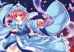 Rule 34 | 1girl, akao, breasts, bug, butterfly, cherry blossoms, hand fan, female focus, folding fan, hat, hitodama, bug, japanese clothes, obi, petals, pink eyes, pink hair, ribbon, saigyouji yuyuko, sash, short hair, smile, touhou, triangular headpiece, wide sleeves