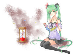 Rule 34 | 1girl, bad id, bad pixiv id, ficusmicrocarpa, flower, green eyes, green hair, hatsune miku, highres, hourglass, jewelry, long hair, matching hair/eyes, necklace, petals, sitting, skirt, solo, thighhighs, twintails, very long hair, vocaloid, wariza, world is mine (vocaloid)