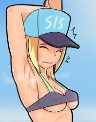 Rule 34 | 1girl, arm behind back, armpits, arms up, bikini, blonde hair, blue background, breasts, covered erect nipples, exercising, eyeliner, closed eyes, food, fruit, hat, lemon, makeup, original, saberrung, short hair, sidelocks, small breasts, steam, steaming body, stretching, string bikini, sweat, swimsuit, underboob, upper body, wet, workout clothes