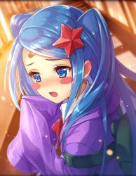 Rule 34 | 1girl, artist request, backpack, bag, bandaid, bandaid on face, bandaid on forehead, blue eyes, blue hair, blush, blush stickers, fingers together, hair ornament, hallway, index fingers together, long hair, long sleeves, official art, phantom of the kill, school uniform, star (symbol), star hair ornament, trident (phantom of the kill), twintails
