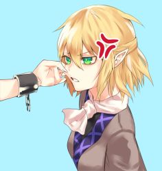 Rule 34 | 2girls, anger vein, annoyed, ascot, asuzemu, bad id, bad pixiv id, blonde hair, blue background, breasts, cheek pull, clenched teeth, cuffs, from side, green eyes, half updo, hoshiguma yuugi, looking at another, medium breasts, mizuhashi parsee, multiple girls, pointy ears, pulling another&#039;s clothes, robe, shackles, short hair, solo focus, teeth, touhou, undershirt, upper body