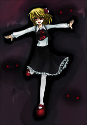 Rule 34 | 1girl, blonde hair, dark, darkness, embodiment of scarlet devil, female focus, hair ribbon, hiyori7, necktie, outstretched arms, pantyhose, red eyes, ribbon, rumia, short hair, solo, spread arms, touhou, white pantyhose