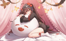 Rule 34 | 1girl, absurdres, bed sheet, black nails, boo tao (genshin impact), brown hair, bug, butterfly, closed eyes, curtains, fang, feet, flower, full body, genshin impact, ghost, hair flower, hair ornament, happy, highres, hu tao (genshin impact), hug, insect, long sleeves, looking at viewer, nail polish, on bed, open mouth, pillow, red eyes, sleep mask, smile, socks, solo, thighs, twintails, wide sleeves, yukiri (l ii)