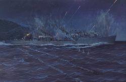 Rule 34 | battle, commentary request, destroyer, firing, imperial japanese navy, mast, military, military vehicle, naval battle, night, night sky, no humans, ocean, oil painting (medium), original, painting (medium), sean.c, ship, sky, smoke, star (sky), starry sky, take (destroyer), traditional media, turret, warship, watercraft