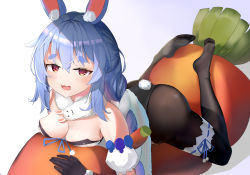 Rule 34 | 1girl, :3, :d, animal ear fluff, animal ears, bare shoulders, black leotard, black pantyhose, blue hair, blush, braid, breasts, carrot, cleavage, commentary request, cushion, detached sleeves, don-chan (usada pekora), feet, from above, fuenyuan, fur scarf, highres, hololive, leotard, long hair, looking at viewer, lying, medium breasts, no shoes, on stomach, open mouth, pantyhose, playboy bunny, puffy short sleeves, puffy sleeves, rabbit-shaped pupils, rabbit ears, rabbit girl, rabbit tail, red eyes, scarf, short eyebrows, short sleeves, smile, soles, solo, strapless, strapless leotard, symbol-shaped pupils, tail, thick eyebrows, thigh strap, twin braids, twintails, usada pekora, usada pekora (1st costume), virtual youtuber, white scarf