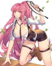 Rule 34 | 1girl, ass, black choker, blush, boots, breasts, choker, cleavage, collared shirt, falling leaves, highres, holding, holding whip, hololive, hololive english, large breasts, leaf, long hair, long sleeves, looking at viewer, mori calliope, mori calliope (sheriff), nail polish, orange sekaii, pink eyes, pink hair, sheriff, shirt, shorts, sleeves rolled up, smile, solo, thigh strap, virtual youtuber