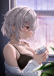 Rule 34 | 1girl, bare shoulders, blush, bra, breasts, cleavage, coffee, coffee mug, collared shirt, cup, evening, from side, highres, holding, indoors, kokuto (kurousagi1210), large breasts, looking away, messy hair, mug, open clothes, open shirt, original, parted lips, red eyes, shirt, short hair, solo, steam, underwear, white hair, white shirt, window