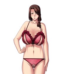 Rule 34 | 1girl, artist request, bra, breasts, brown hair, censored, character request, cleavage, large breasts, lingerie, long hair, looking at viewer, mature female, navel, nippleless clothes, nipples, panties, red bra, red panties, solo, source request, underwear, yellow eyes