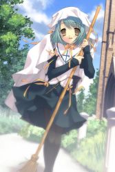 Rule 34 | 1girl, :d, anzu, bamboo broom, black pantyhose, blue hair, broom, building, bush, cloud, cross, day, game cg, grass, green hair, habit, highres, holding, holding broom, ito noizi, long sleeves, looking at viewer, open mouth, outdoors, pantyhose, peace@pieces, ribbon, sky, smile, solo, tree, upskirt, wind, yellow eyes, yellow ribbon