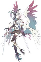 Rule 34 | 1girl, absurdres, angel, angel wings, blue wings, breasts, brown skirt, commentary request, cross, fingernails, flower, full body, gradient hair, halo, high heels, highres, holding, latin cross, looking at viewer, medium breasts, multicolored hair, multiple wings, original, parted lips, pink hair, pink wings, plant growth, plant roots, pleated skirt, pointy ears, puffy short sleeves, puffy sleeves, purple eyes, sharp fingernails, short hair, short sleeves, simple background, skirt, slit pupils, solo, thighhighs, white background, white hair, white wings, wings, wisteria, zzb azz