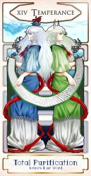 Rule 34 | 2girls, ascot, back-to-back, card, dress, dual persona, english text, ex-keine, female focus, gown, hat, highres, horns, kamishirasawa keine, long hair, multiple girls, red eyes, roman numeral, scroll, shibe362, silver hair, symmetry, tarot, tarot (medium), temperance (tarot), touhou, water, wide sleeves