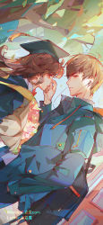 Rule 34 | 1boy, 1girl, bag, bai qi (love and producer), blue jacket, blue pants, brown eyes, brown hair, crying, crying with eyes open, earbuds, earphones, graduation, grin, hat, highres, jacket, leaf, long hair, long sleeves, looking at another, love and producer, mortarboard, pants, protagonist (love and producer), rabbitcamilla, short hair, smile, tears, teeth, tree