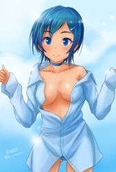 Rule 34 | 1girl, artist name, bad id, bad twitter id, blue eyes, blue hair, blue neckwear, blue panties, breasts, choker, closed mouth, commentary request, cowboy shot, dress shirt, haruhata mutsuki, long sleeves, looking at viewer, medium breasts, no bra, no pants, off shoulder, open clothes, open shirt, original, panties, shirt, short hair, signature, smile, solo, standing, twitter username, underwear, w arms, white shirt