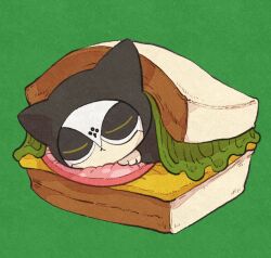 Rule 34 | ace attorney, black cape, cape, cheese, closed eyes, closed mouth, commentary request, eye mask, food, green background, hood, hood up, lying, no humans, nyasked disciple, on stomach, sandwich, shino (shino dgs), sleeping, solo, stuffed animal, stuffed cat, stuffed toy, the great ace attorney, the great ace attorney 2: resolve