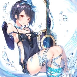 Rule 34 | 1girl, alice (sinoalice), bikini, black gloves, blue hair, blush, bow, bubble, choker, earrings, elbow gloves, gloves, guitar, hair bow, hairband, highres, holding, holding instrument, instrument, jewelry, looking at viewer, mcmcmococo, overall shorts, overalls, red eyes, short hair, simple background, sinoalice, solo, swimsuit, tattoo, water