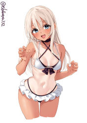 Rule 34 | 1girl, alternate costume, bare arms, bare legs, bare shoulders, bikini, blonde hair, blue eyes, blush, breasts, collarbone, cowboy shot, criss-cross halter, ebifurya, groin, halterneck, highres, kantai collection, long hair, looking at viewer, navel, one-hour drawing challenge, open mouth, ro-500 (kancolle), simple background, small breasts, smile, solo, swimsuit, tan, tanline, twitter username, white background, white bikini