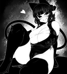 Rule 34 | 1girl, :q, alternate costume, animal ears, blunt bangs, blush, bow, braid, breasts, cat ears, cat girl, cat tail, china dress, chinese clothes, cleavage, closed mouth, commentary request, curvy, dress, elbow gloves, extra ears, gloves, greyscale, groin, hair bow, haseru (ginku mh), heart, high heels, huge breasts, kaenbyou rin, looking at viewer, monochrome, multiple tails, nekomata, pointy ears, side braid, sidelocks, smile, solo, tail, thighhighs, tongue, tongue out, touhou, two tails
