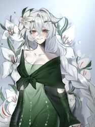 Rule 34 | 1girl, bandaged arm, bandages, blush, braid, collarbone, cookie run, cowboy shot, dress, flower, green dress, hair flower, hair ornament, highres, lily (flower), long hair, looking at viewer, nova 1810, red eyes, shawl, simple background, single braid, smile, solo, standing, white hair, white lily cookie