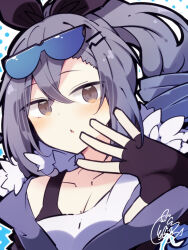 Rule 34 | 1girl, :&lt;, beni shake, black gloves, black jacket, black ribbon, blush, breasts, brown eyes, cleavage, collarbone, commentary request, eyewear on head, fingerless gloves, gloves, grey hair, hair ornament, hair ribbon, hairclip, hand up, honkai: star rail, honkai (series), jacket, looking at viewer, medium breasts, outline, parted lips, polka dot, polka dot background, ponytail, ribbon, shirt, signature, silver wolf (honkai: star rail), single strap, solo, upper body, white background, white outline, white shirt