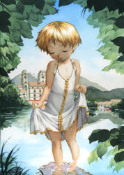 Rule 34 | barefoot, brown hair, child, city, clothes lift, day, dress, dress lift, nature, outdoors, satou toshiyuki, short hair, solo, standing, water