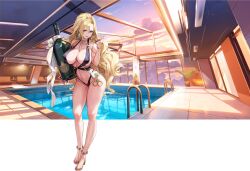 Rule 34 | 1girl, anklet, armlet, bag, bikini, black bikini, blonde hair, bottle, bracelet, breasts, bust cup, chain necklace, cleavage, cloud, cloudy sky, collarbone, covered erect nipples, cuffs, cup, deck chair, earrings, fern, full body, gem, glass bottle, gold footwear, hair between eyes, handbag, handcuffs, high heels, highres, holding, holding bottle, holding cup, huge breasts, indoors, jewelry, last origin, linea alba, lipstick, long hair, looking at viewer, makeup, nail polish, navel, necklace, o-ring, o-ring bikini, official alternate costume, official art, parted lips, pinkmill, plant, pool, potted plant, pouring, pouring onto self, purple eyes, purple lips, purple nails, ribbon, sadius of retribution, simple background, sky, sling bikini top, standing, sunset, swimsuit, tachi-e, thick thighs, thighs, third-party source, transparent background, v-shaped eyebrows, white ribbon, window