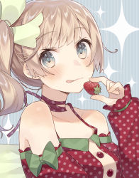 Rule 34 | 1girl, bare shoulders, blue background, blush, bow, closed mouth, collarbone, commentary request, food, fruit, green bow, grey eyes, hair bow, head tilt, holding, holding food, holding fruit, light brown hair, long sleeves, looking at viewer, nagitoki, off-shoulder shirt, off shoulder, original, polka dot, polka dot shirt, red shirt, shirt, side ponytail, sidelocks, sleeves past wrists, solo, sparkle, strawberry, striped, striped background, tongue, tongue out, vertical stripes