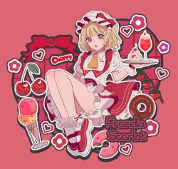 Rule 34 | 1girl, :o, absurdres, adapted costume, ascot, black footwear, blonde hair, bobby socks, bow, cherry, commentary request, daimaou ruaeru, dessert, doughnut, dress, flandre scarlet, food, fruit, full body, hat, hat bow, heart, heart in eye, highres, holding, holding tray, ice cream, knees up, looking at viewer, mary janes, medium hair, mob cap, open mouth, petticoat, puffy short sleeves, puffy sleeves, red bow, red eyes, shoes, short sleeves, socks, solo, symbol in eye, touhou, tray, white bow, white dress, white socks, yellow ascot